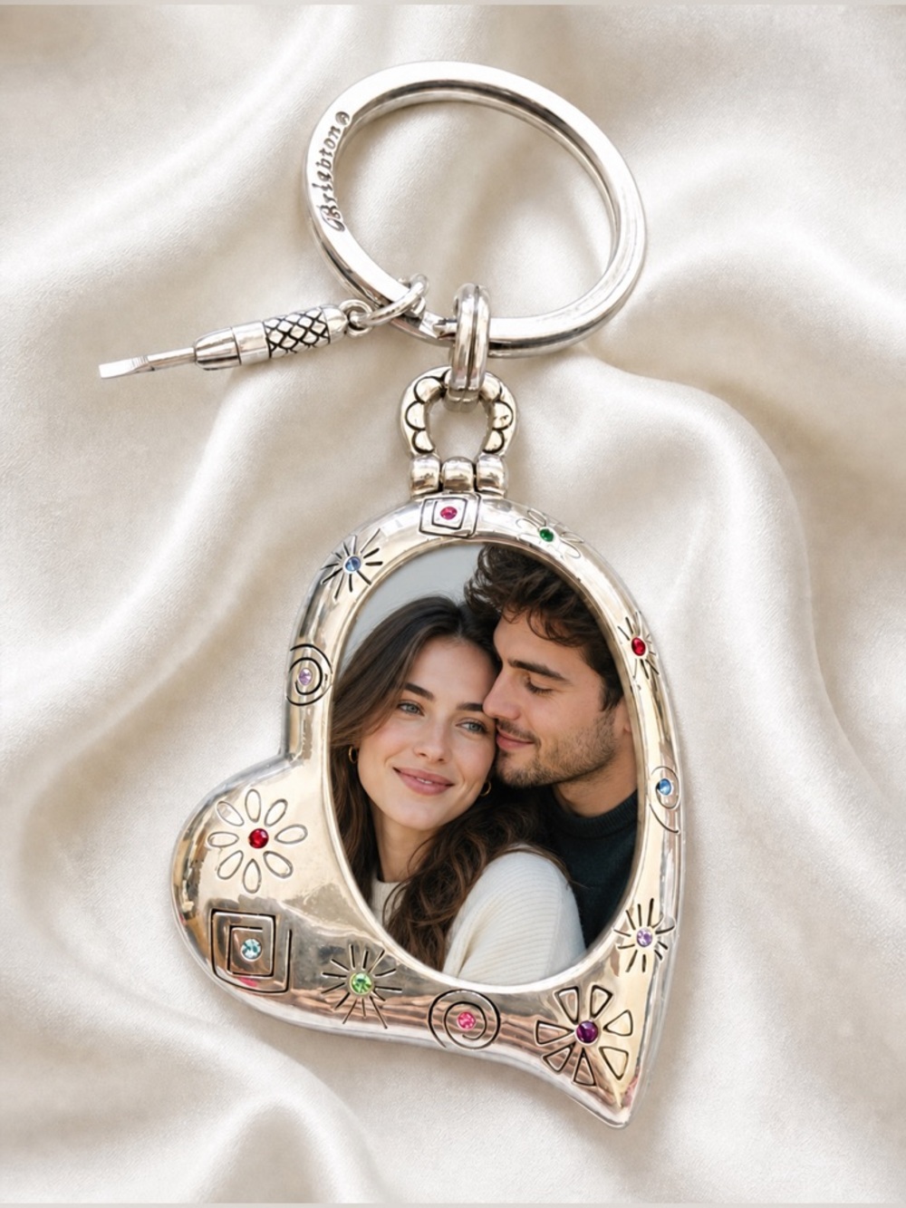 RARE NWOT Brighton Fireworks Heart Key Fob Keychain Picture Frame Holder Locket - Picture 3 of 8
